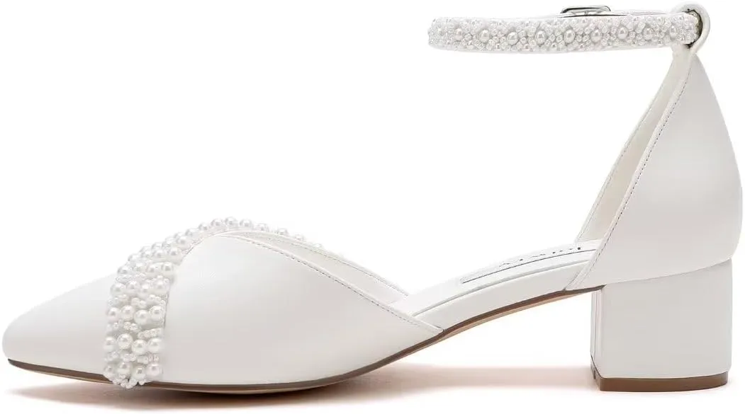 Pearl Wedding Shoes Low Heel Bridal Shoes Round Toe Pearl Heels Ankle Strap Block Wedding Heels