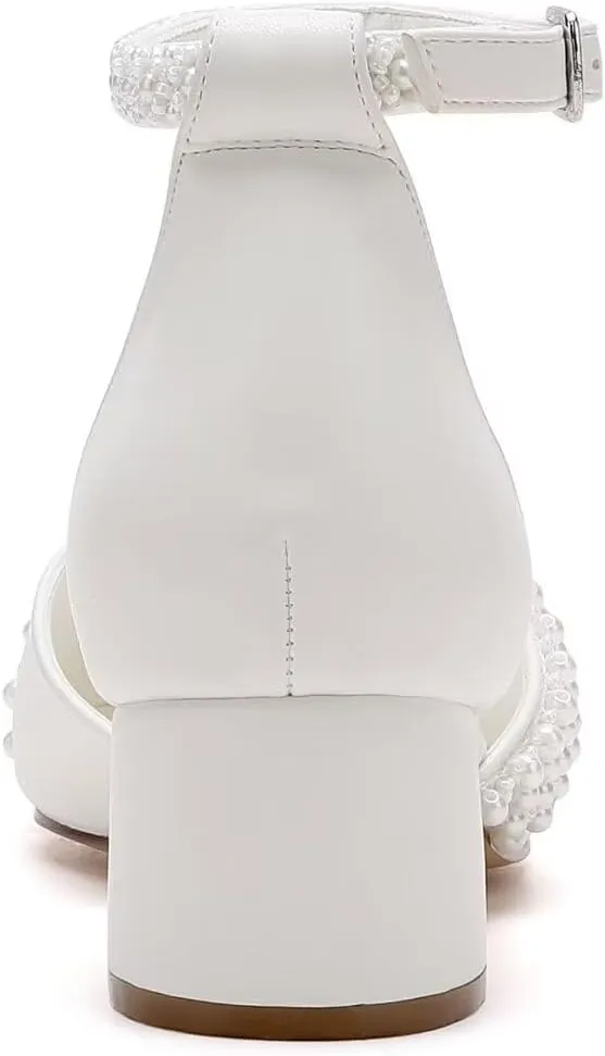 Pearl Wedding Shoes Low Heel Bridal Shoes Round Toe Pearl Heels Ankle Strap Block Wedding Heels