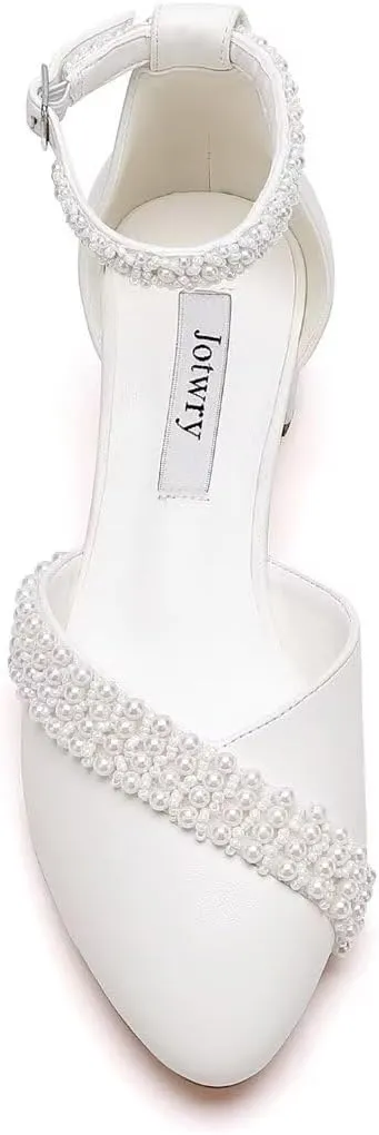 Pearl Wedding Shoes Low Heel Bridal Shoes Round Toe Pearl Heels Ankle Strap Block Wedding Heels