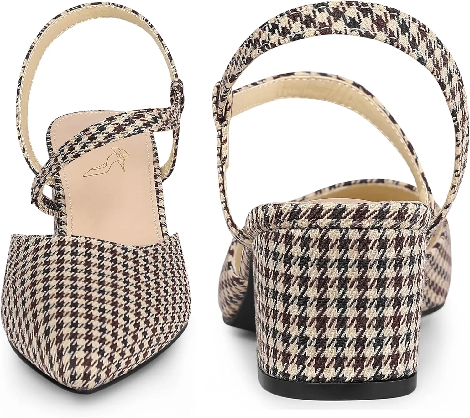 Perphy Houndstooth Pumps Slip on Pointed Toe Slingback Chunky Heels Pump for Women