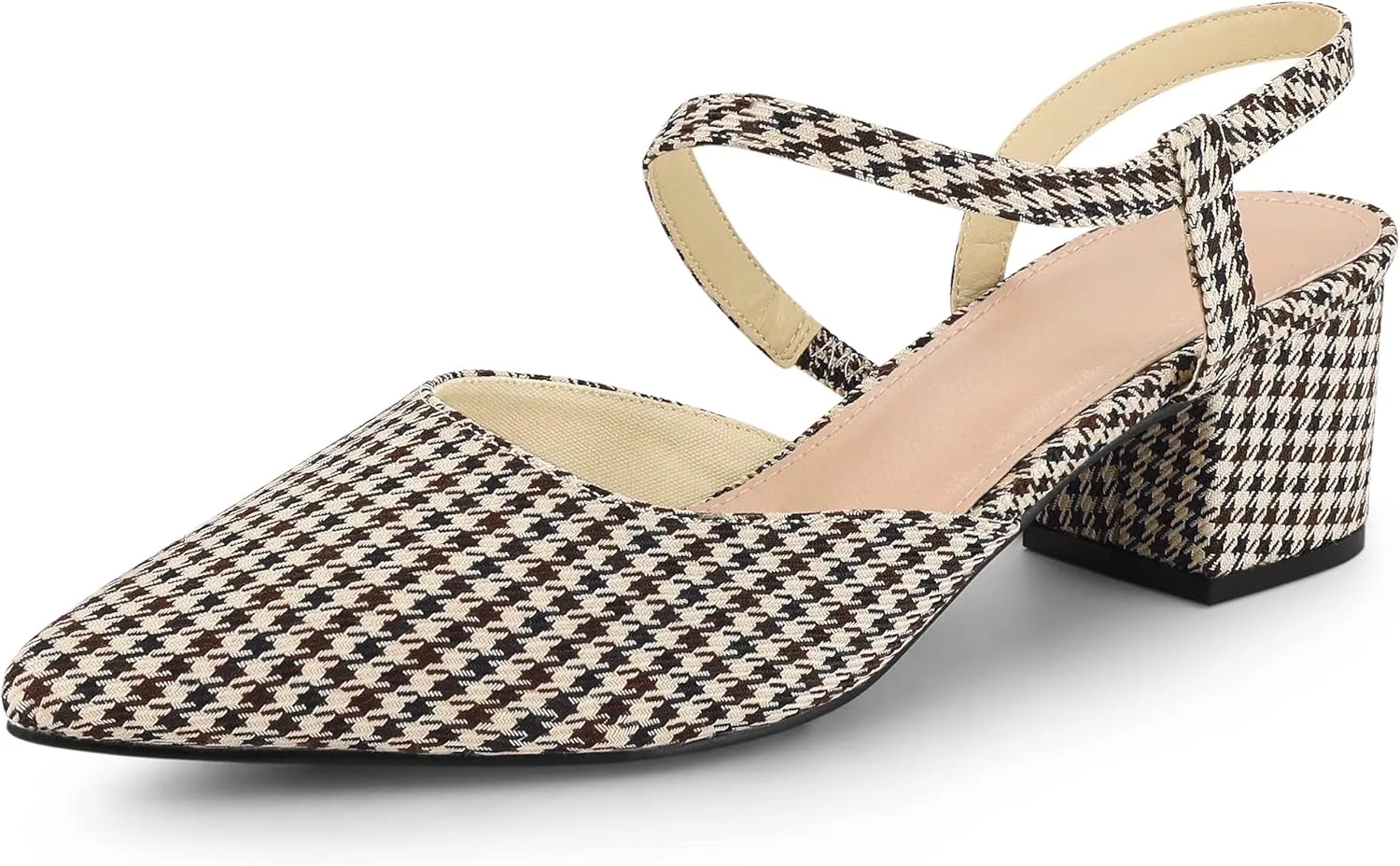 Perphy Houndstooth Pumps Slip on Pointed Toe Slingback Chunky Heels Pump for Women