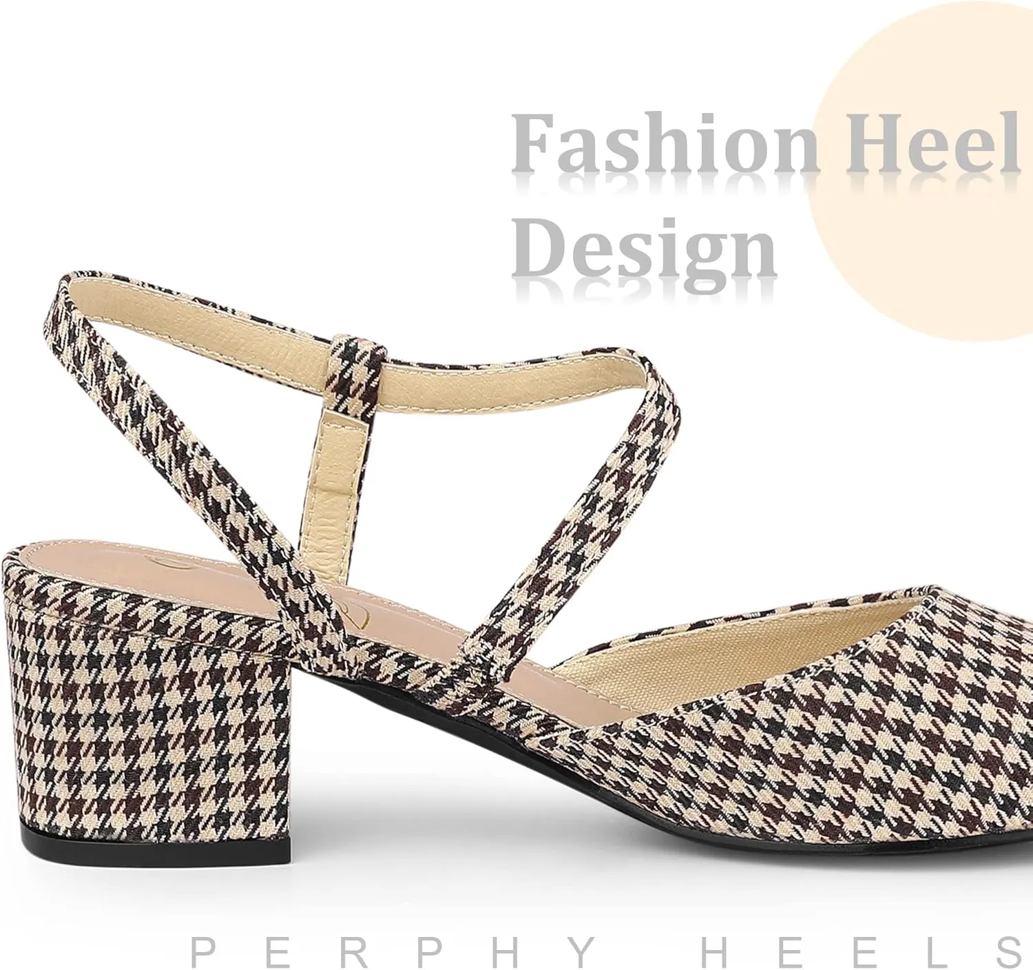 Perphy Houndstooth Pumps Slip on Pointed Toe Slingback Chunky Heels Pump for Women