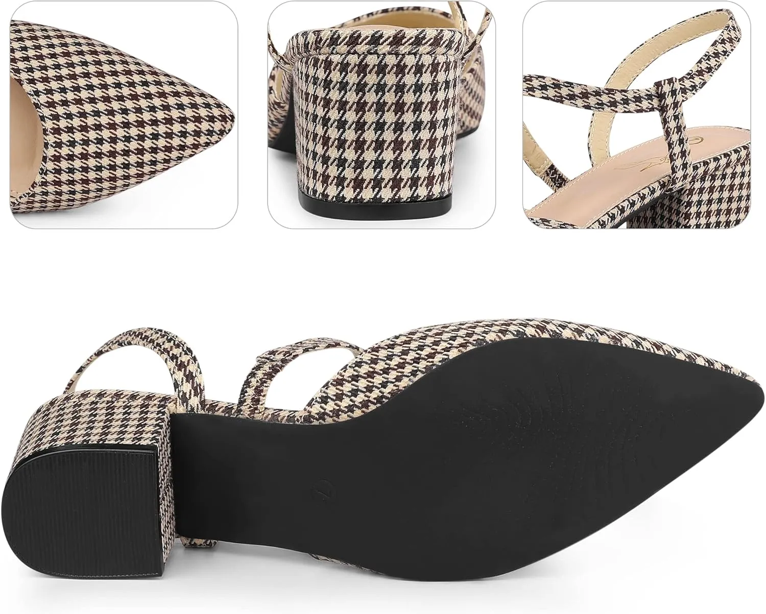 Perphy Houndstooth Pumps Slip on Pointed Toe Slingback Chunky Heels Pump for Women