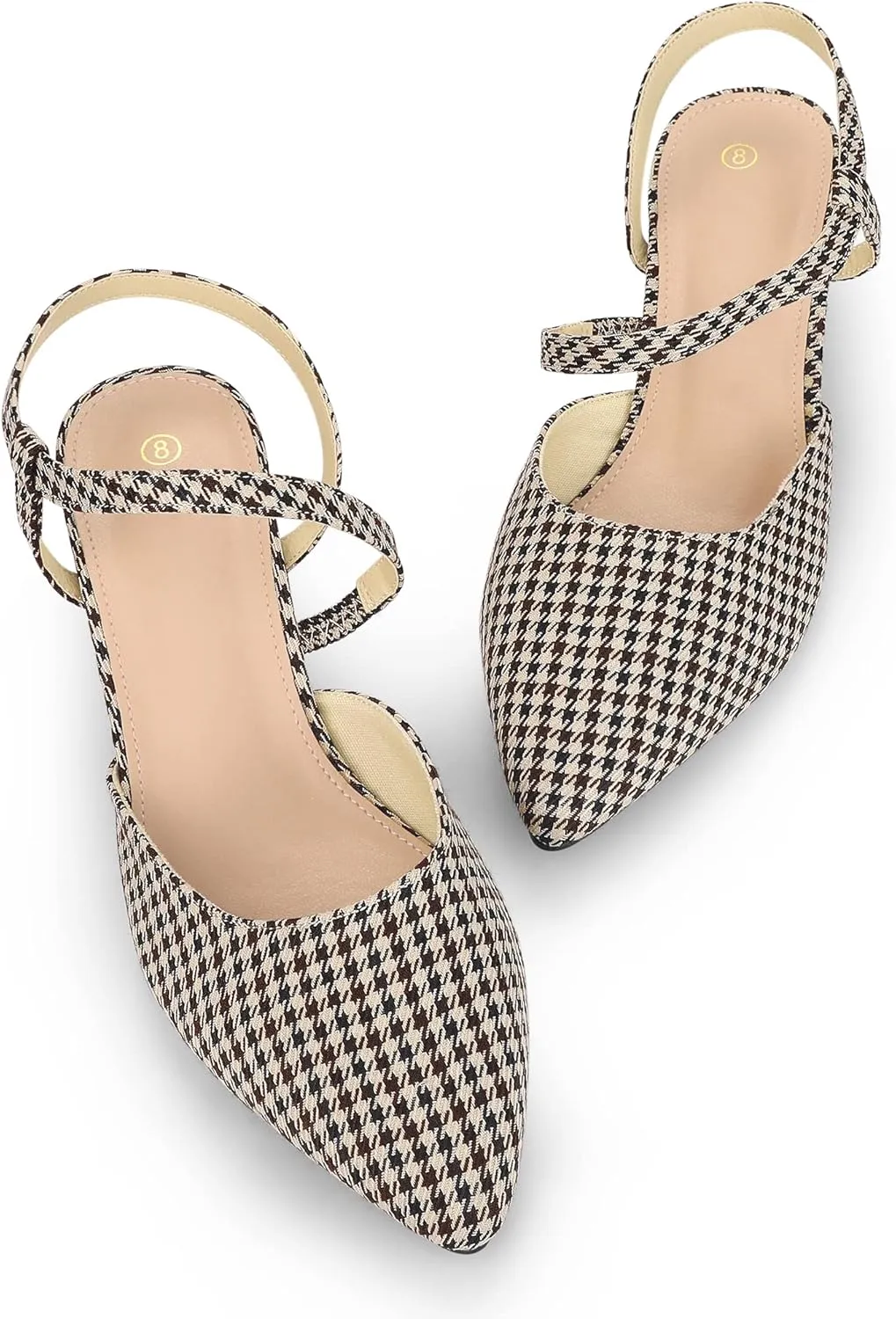 Perphy Houndstooth Pumps Slip on Pointed Toe Slingback Chunky Heels Pump for Women