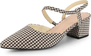 Perphy Houndstooth Pumps Slip on Pointed Toe Slingback Chunky Heels Pump for Women