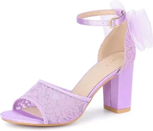 Perphy Lace Open Toe Bow Ankle Strap Block Heel Sandals for Women