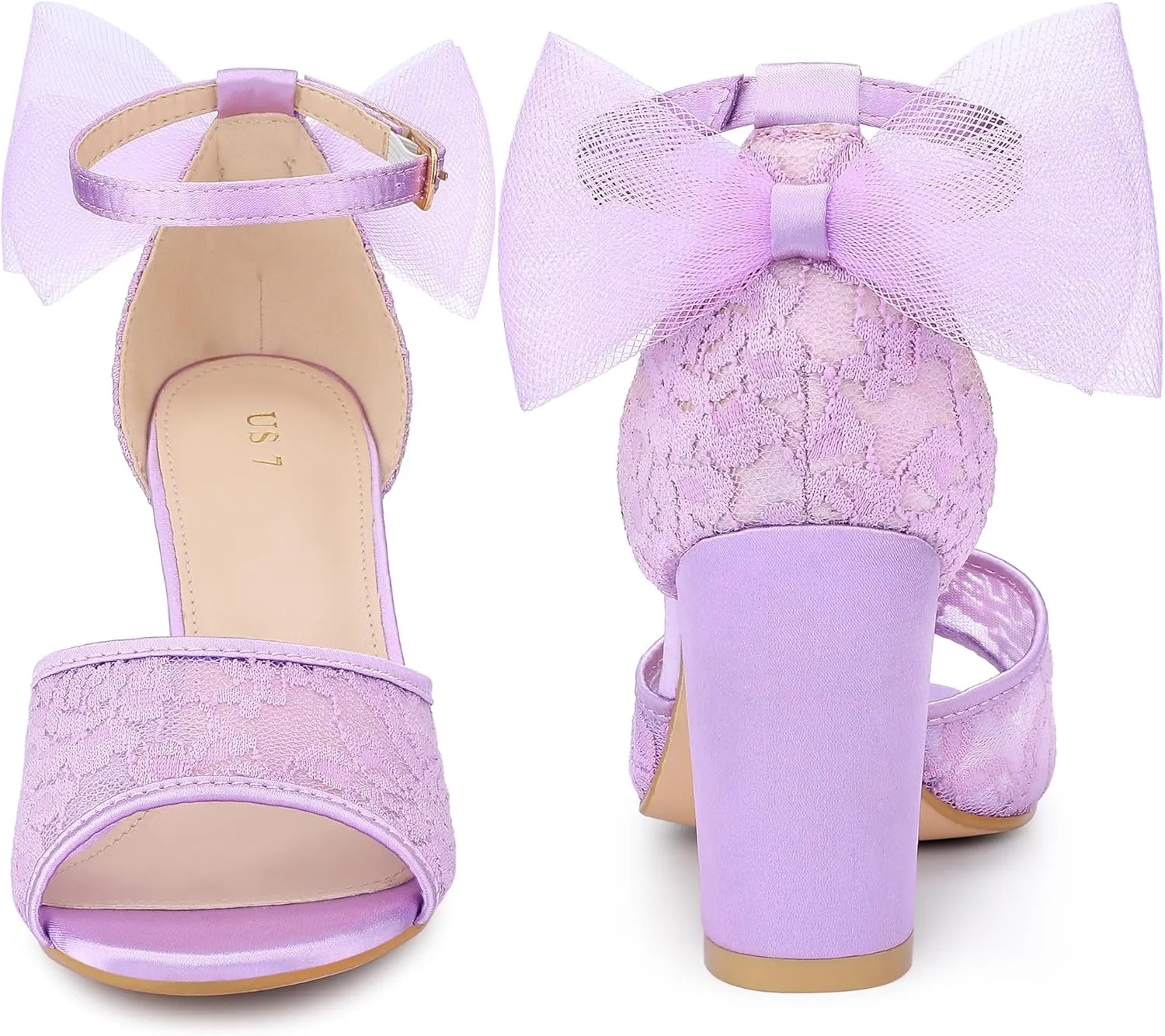 Perphy Lace Open Toe Bow Ankle Strap Block Heel Sandals for Women