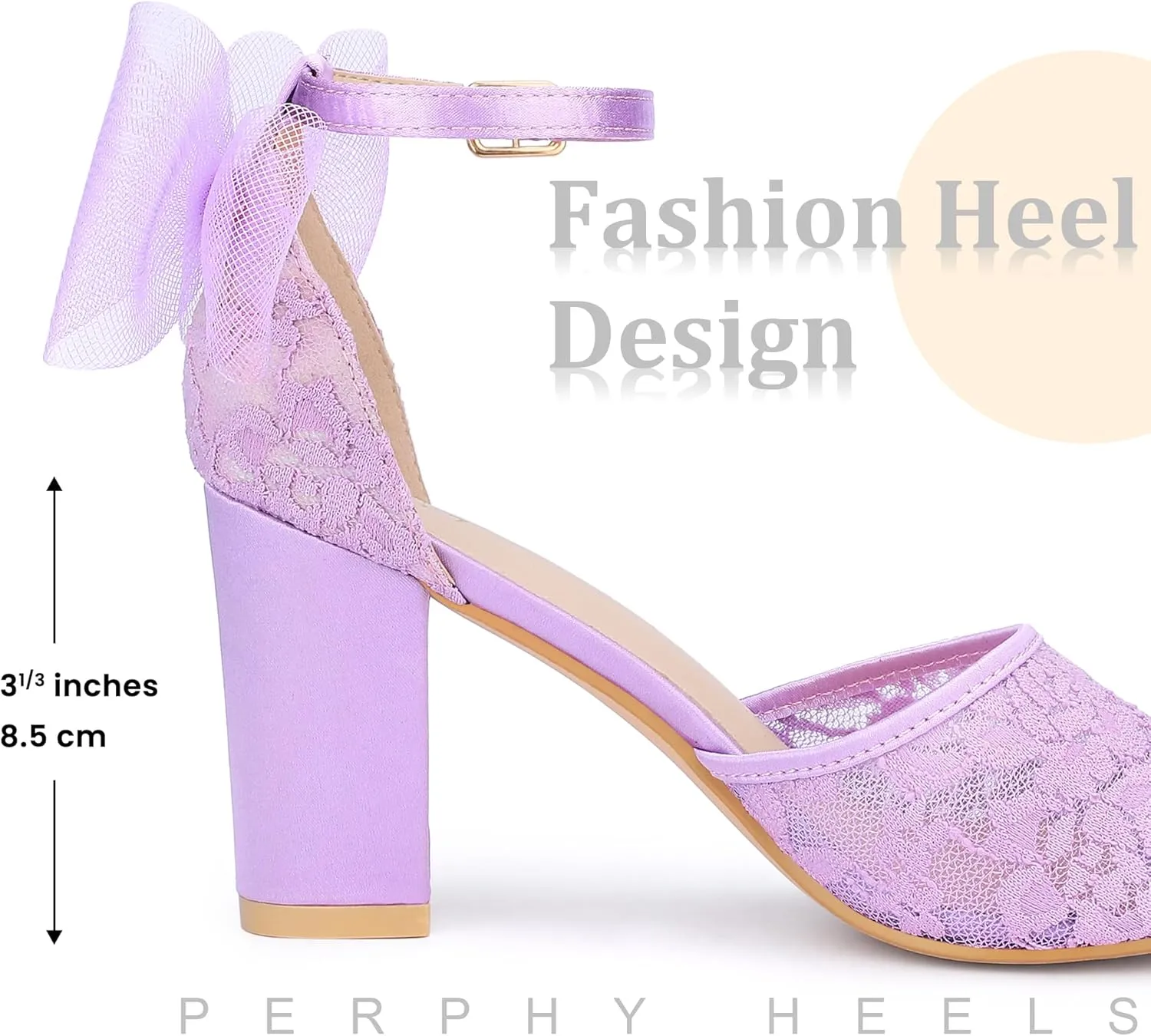 Perphy Lace Open Toe Bow Ankle Strap Block Heel Sandals for Women