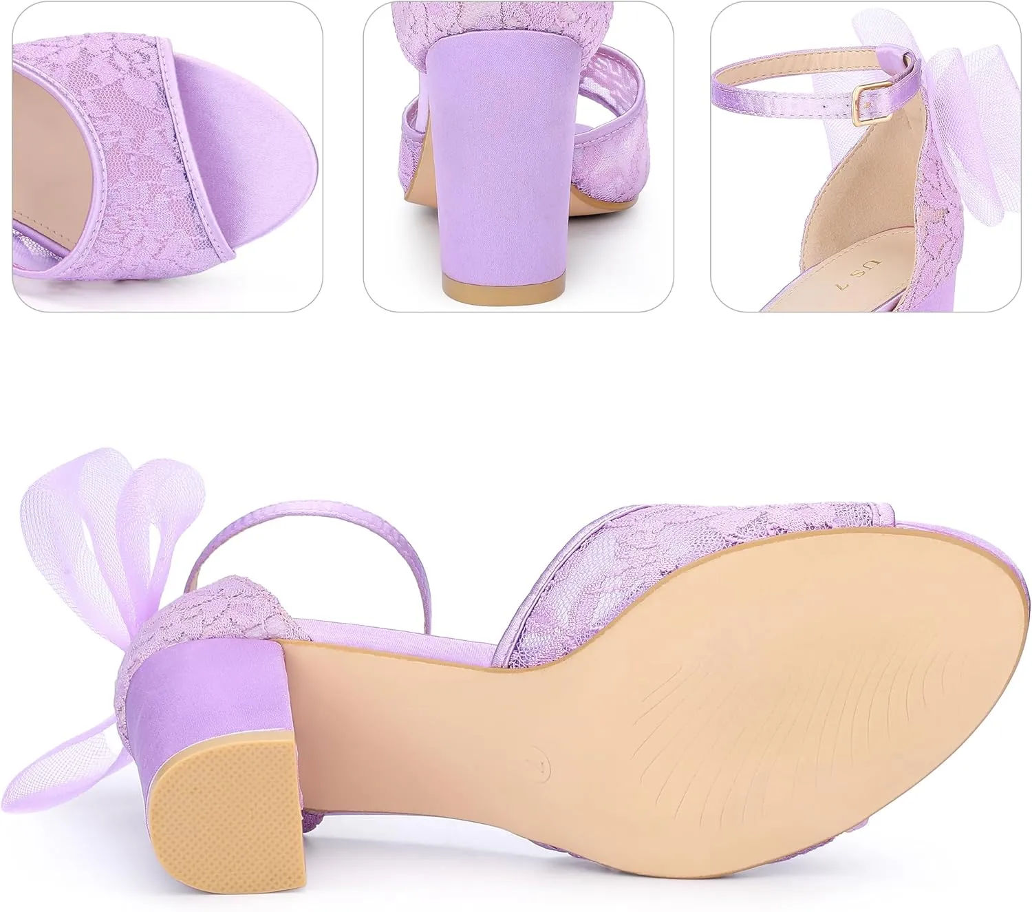 Perphy Lace Open Toe Bow Ankle Strap Block Heel Sandals for Women