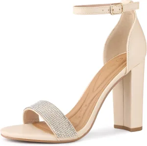 Perphy Open Toe Rhinestone Ankle Strap Chunky Heel Sandals for Women