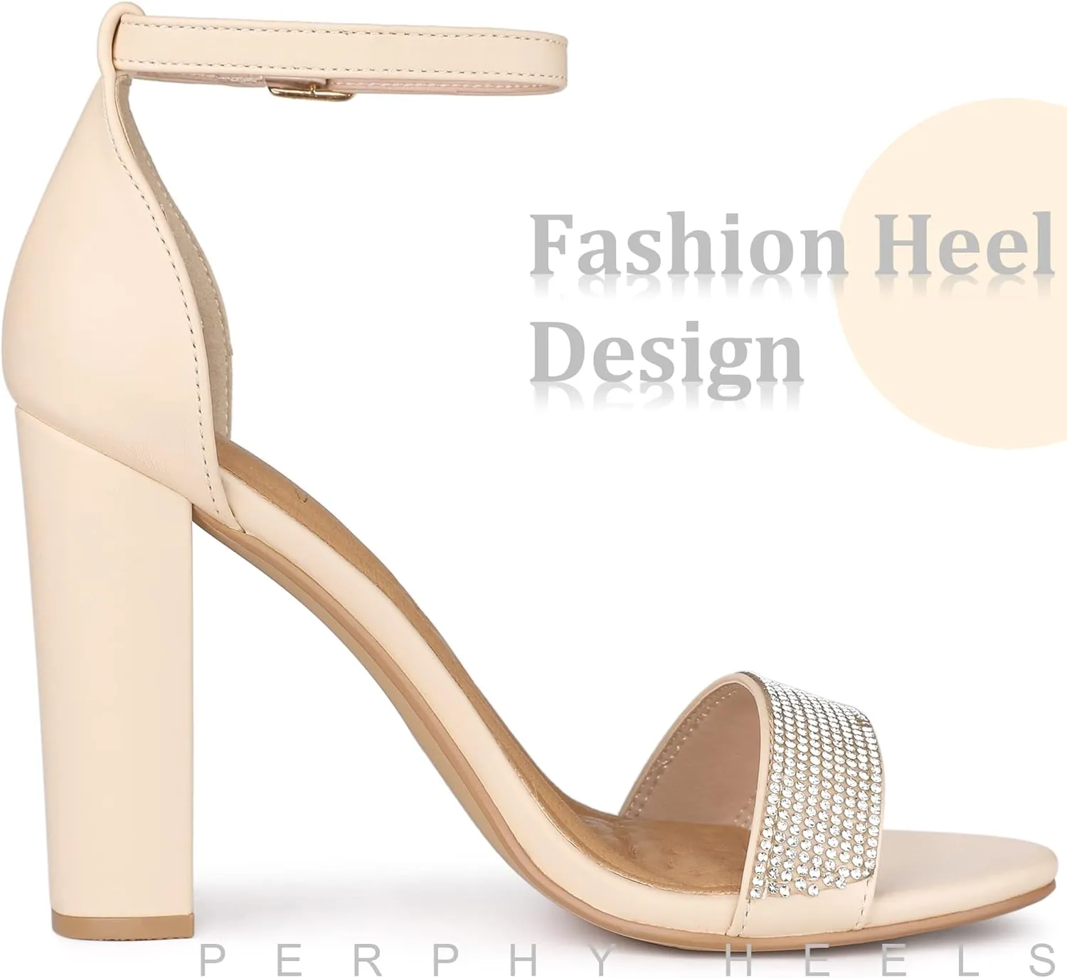 Perphy Open Toe Rhinestone Ankle Strap Chunky Heel Sandals for Women