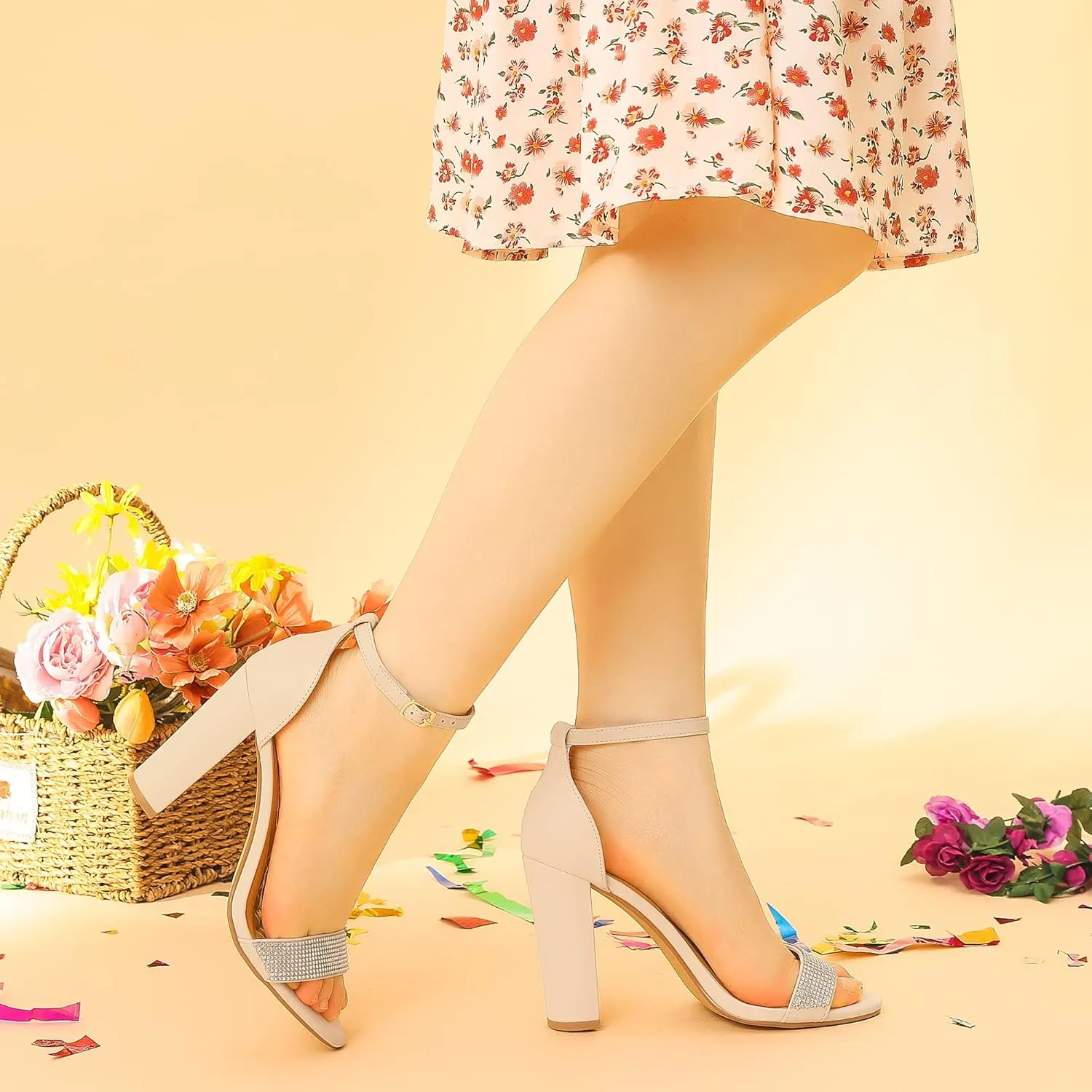 Perphy Open Toe Rhinestone Ankle Strap Chunky Heel Sandals for Women