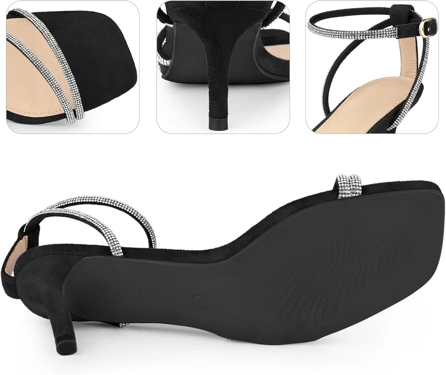 Perphy Squared Toe Ankle Strap Rhinestone Kitten Heels Sandals for Women
