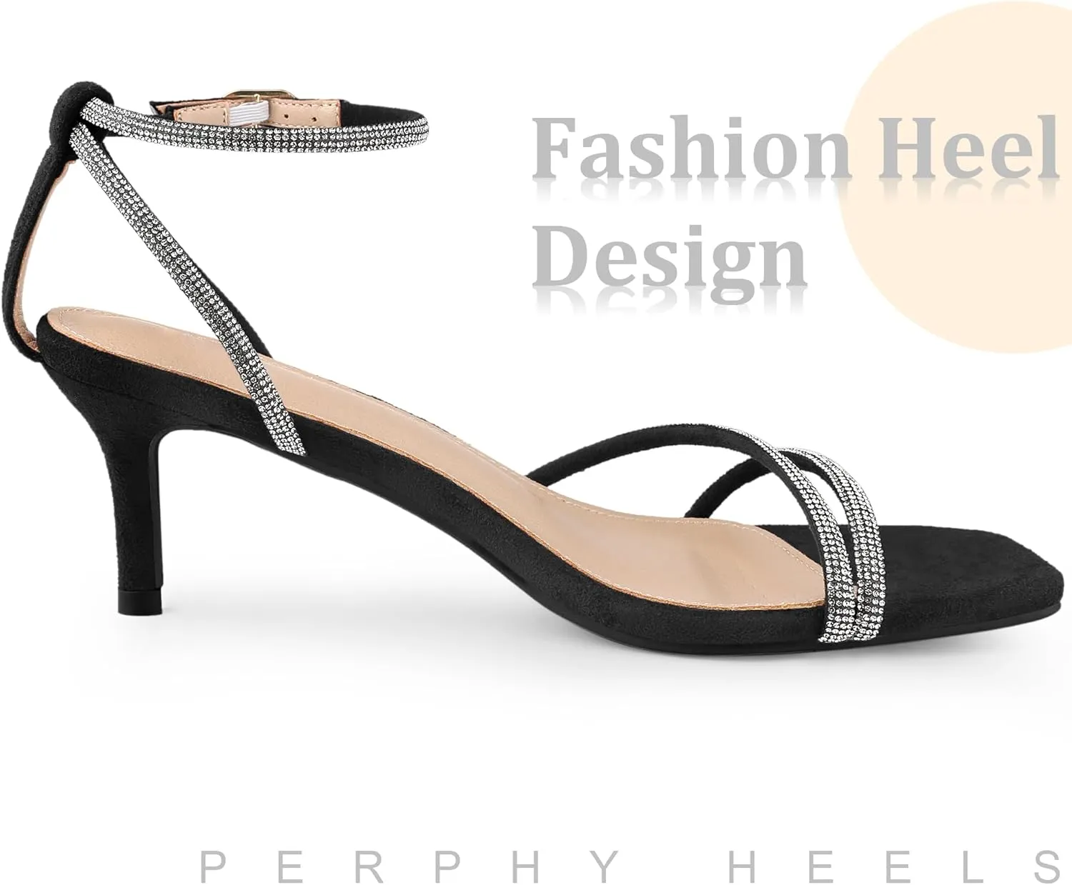 Perphy Squared Toe Ankle Strap Rhinestone Kitten Heels Sandals for Women