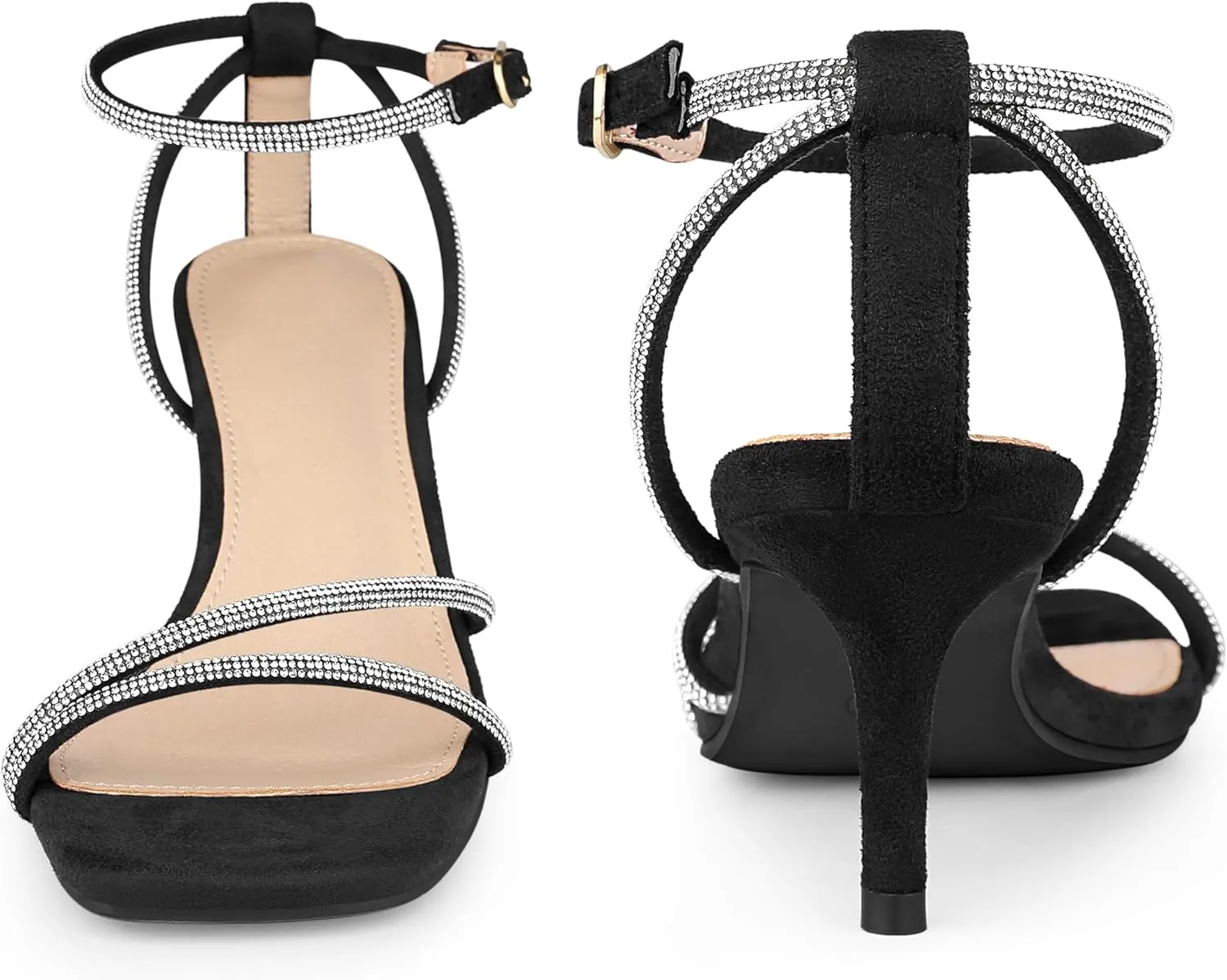 Perphy Squared Toe Ankle Strap Rhinestone Kitten Heels Sandals for Women