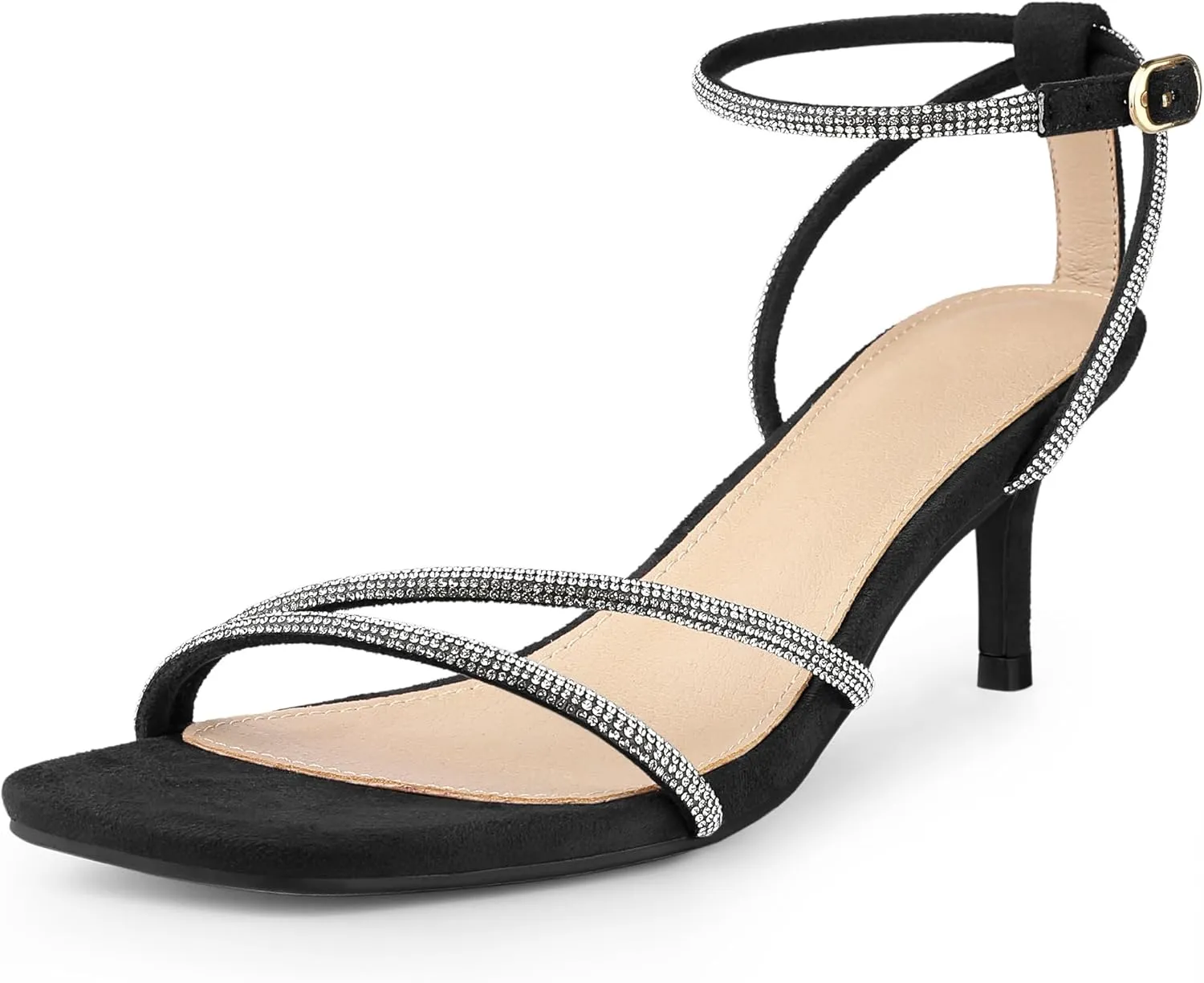 Perphy Squared Toe Ankle Strap Rhinestone Kitten Heels Sandals for Women