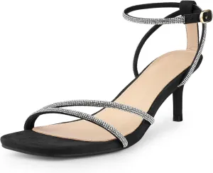 Perphy Squared Toe Ankle Strap Rhinestone Kitten Heels Sandals for Women