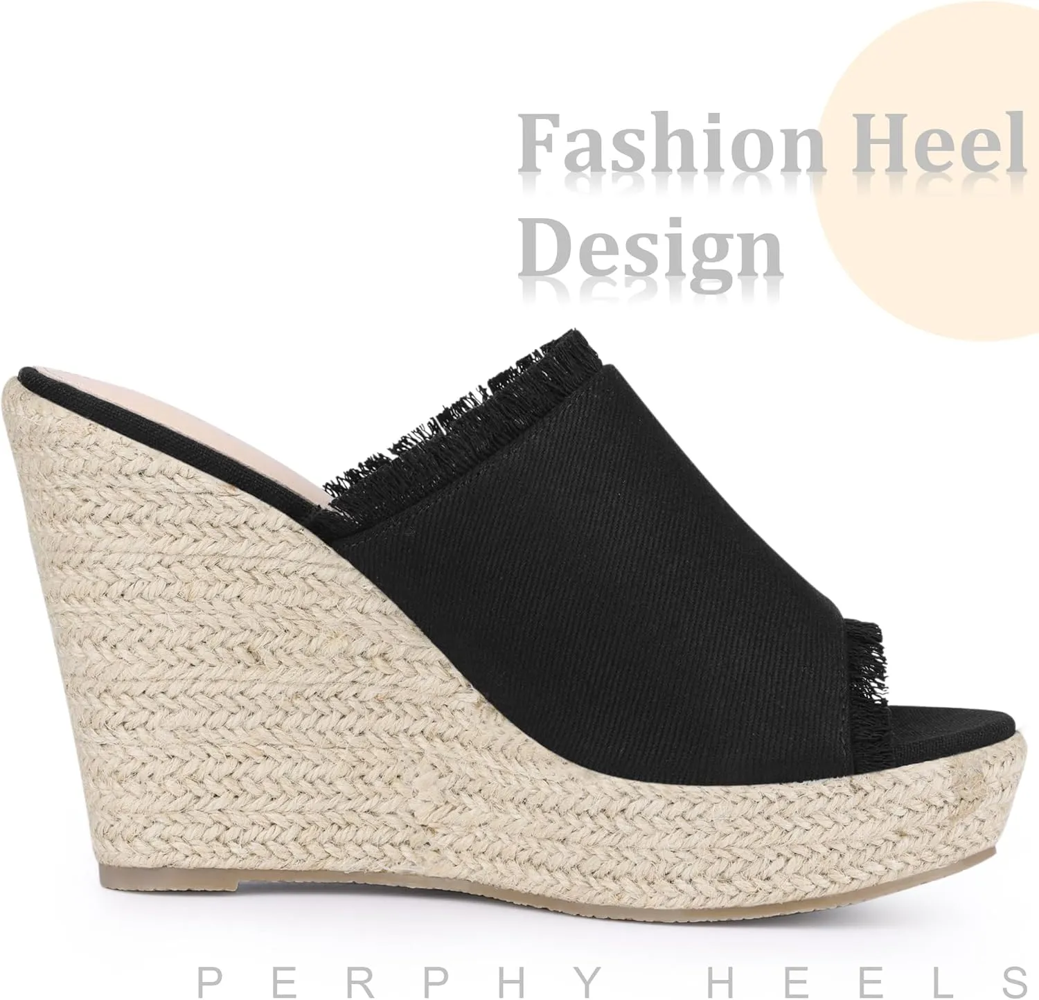 Perphy Womens Espadrilles Wedge Open Toe Denim Wedge Blue Jean Shoes Slip on Slide Mules Sandals