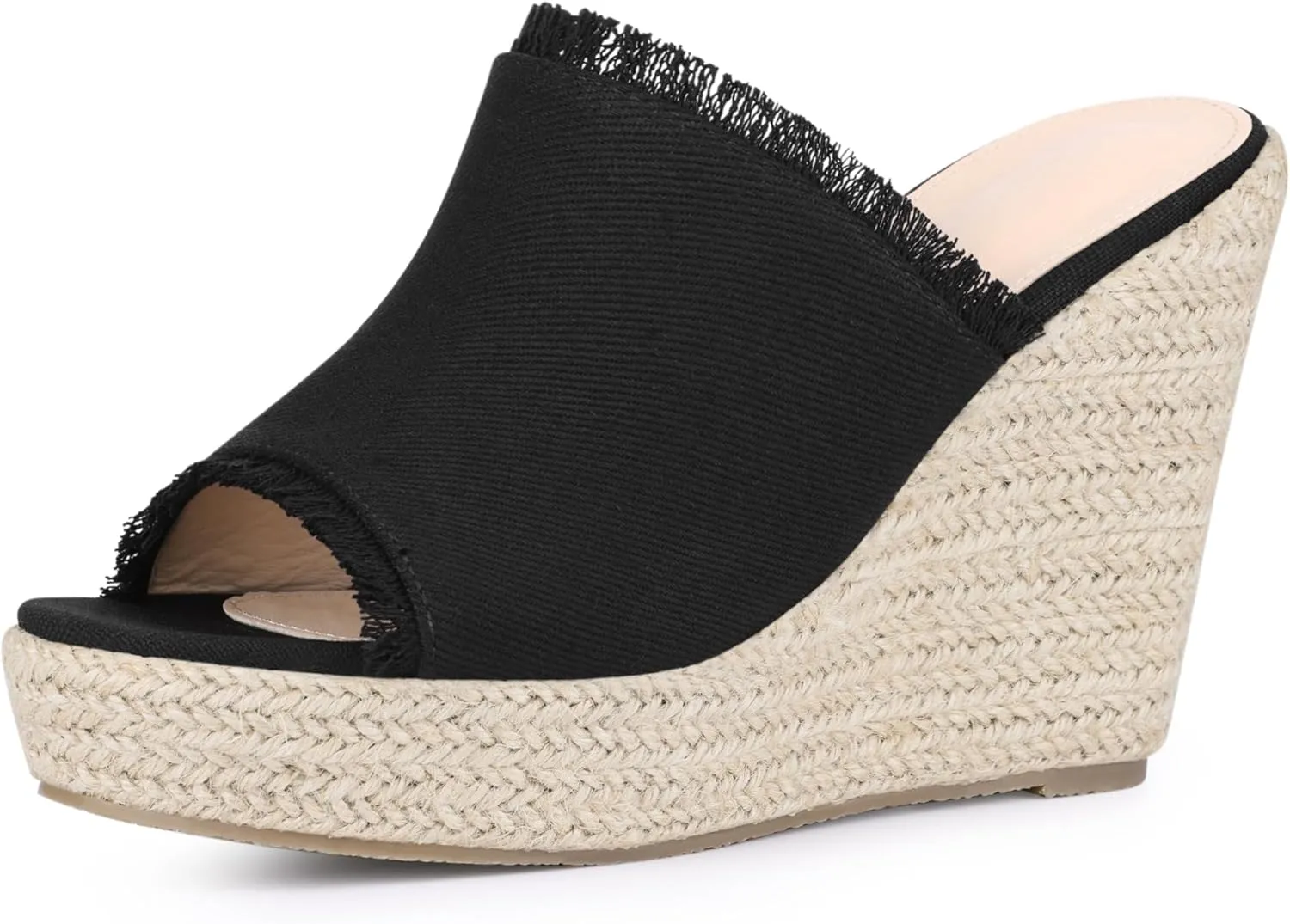 Perphy Womens Espadrilles Wedge Open Toe Denim Wedge Blue Jean Shoes Slip on Slide Mules Sandals