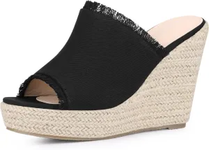 Perphy Womens Espadrilles Wedge Open Toe Denim Wedge Blue Jean Shoes Slip on Slide Mules Sandals