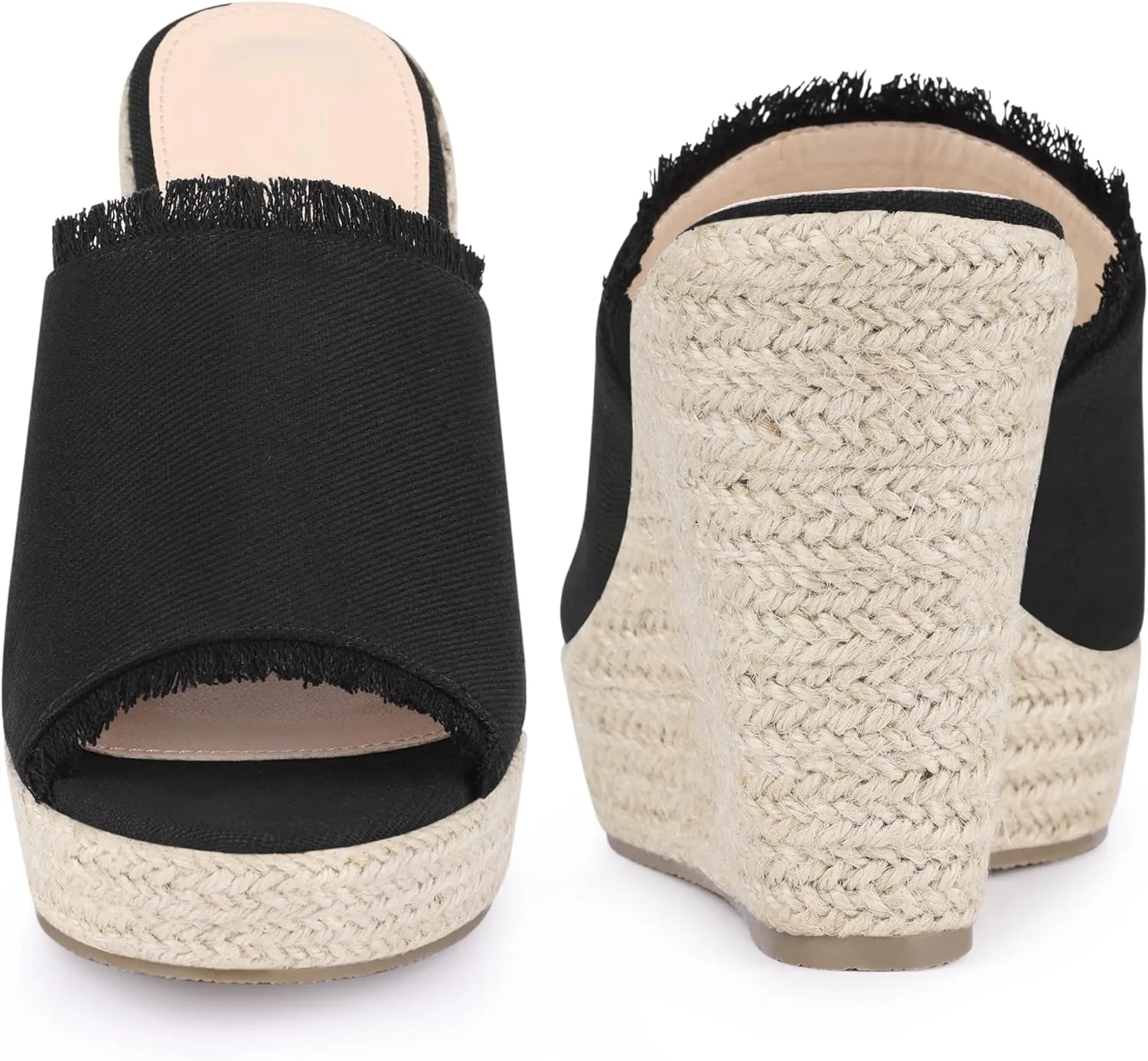 Perphy Womens Espadrilles Wedge Open Toe Denim Wedge Blue Jean Shoes Slip on Slide Mules Sandals