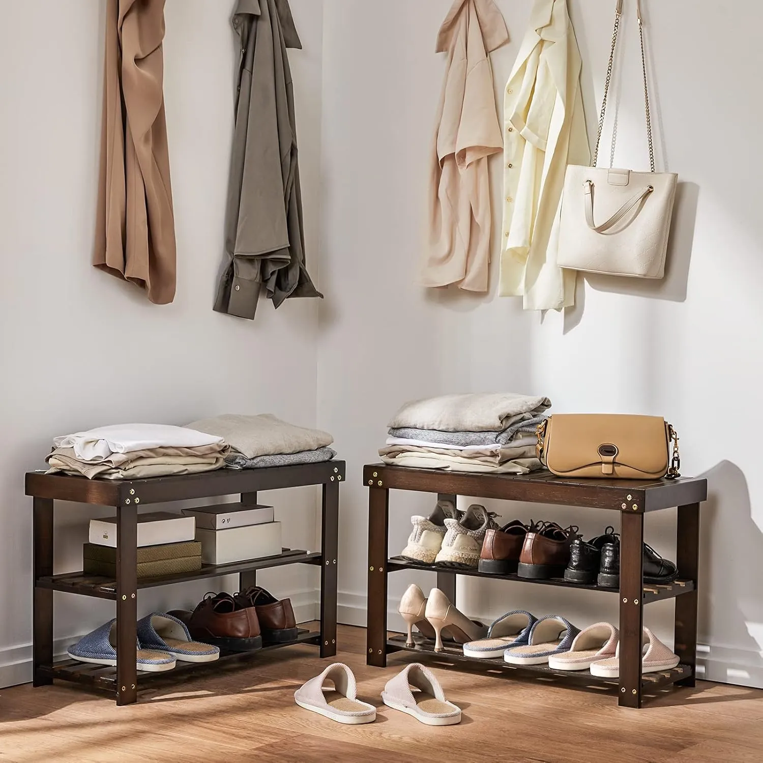 Pipishell Bamboo Shoe Rack Bench, 3 Tier Sturdy Shoe Bench, Storage Shoe Organizer, Holds up to 300lbs for Entryway Bedroom Living Room Balcony, Brown