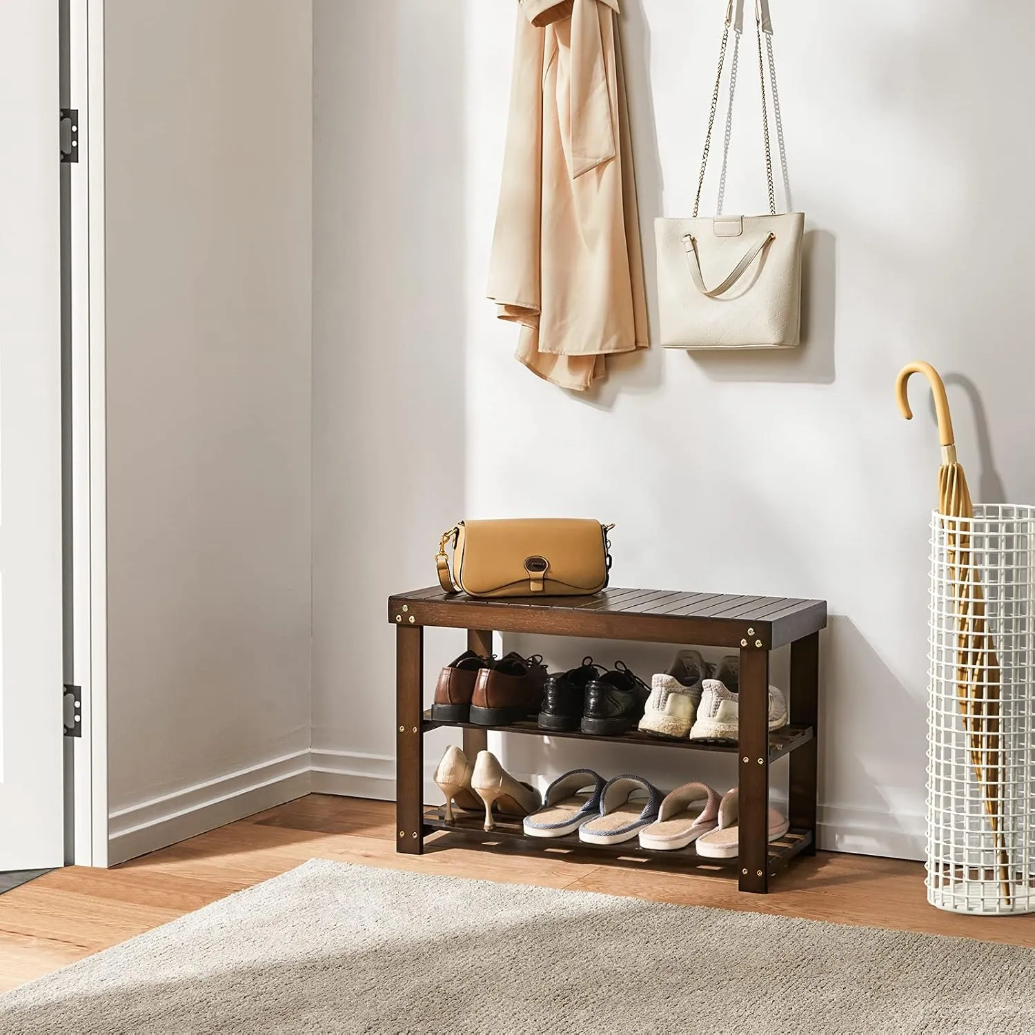 Pipishell Bamboo Shoe Rack Bench, 3 Tier Sturdy Shoe Bench, Storage Shoe Organizer, Holds up to 300lbs for Entryway Bedroom Living Room Balcony, Brown