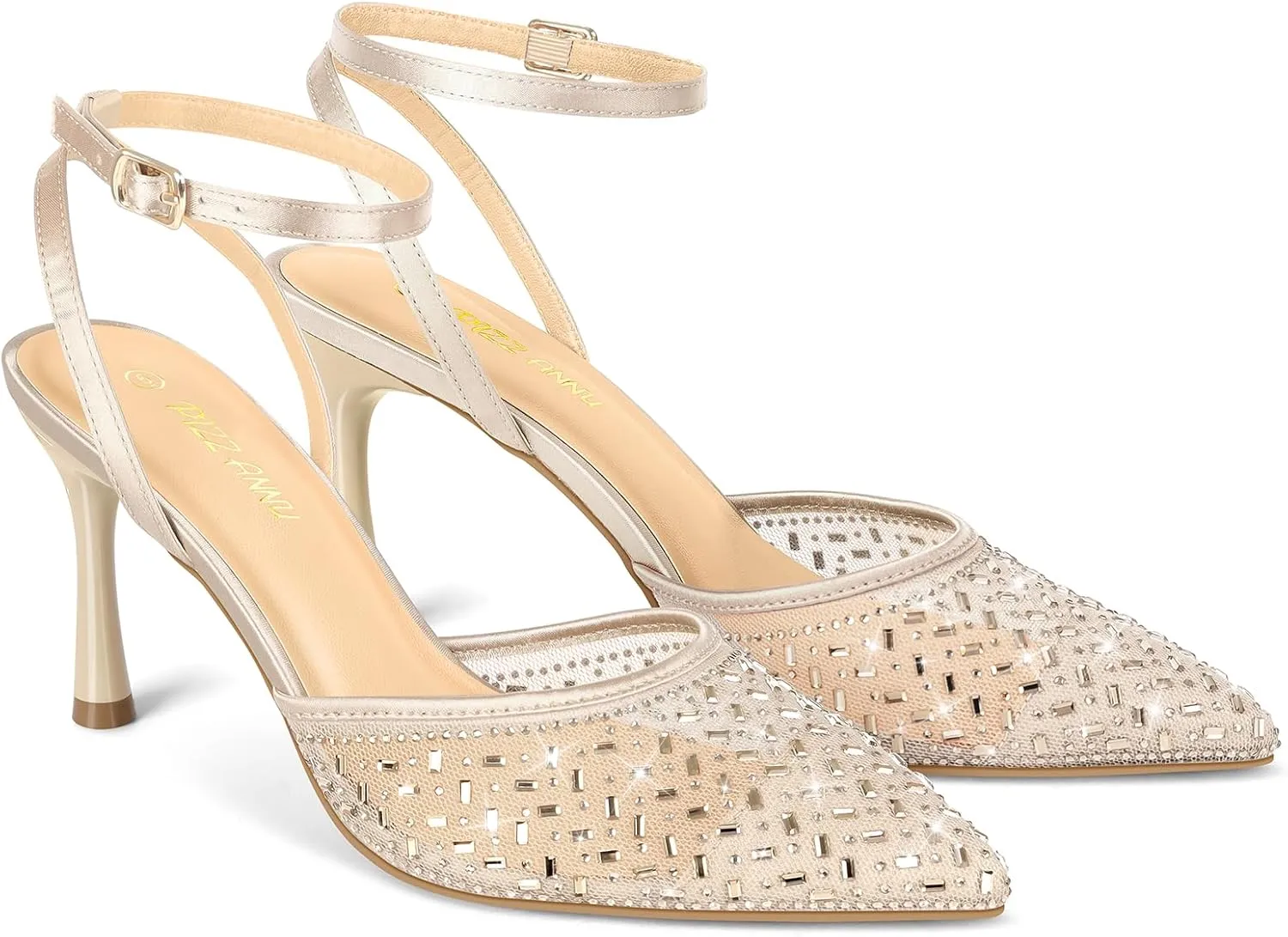 PIZZ ANNU Women's Cienna High Heels Sexy Stiletto Pumps Closed Toe Mesh Sparkly Rhinestones Ankle Strap Dress Wedding Party Pumps Shoes