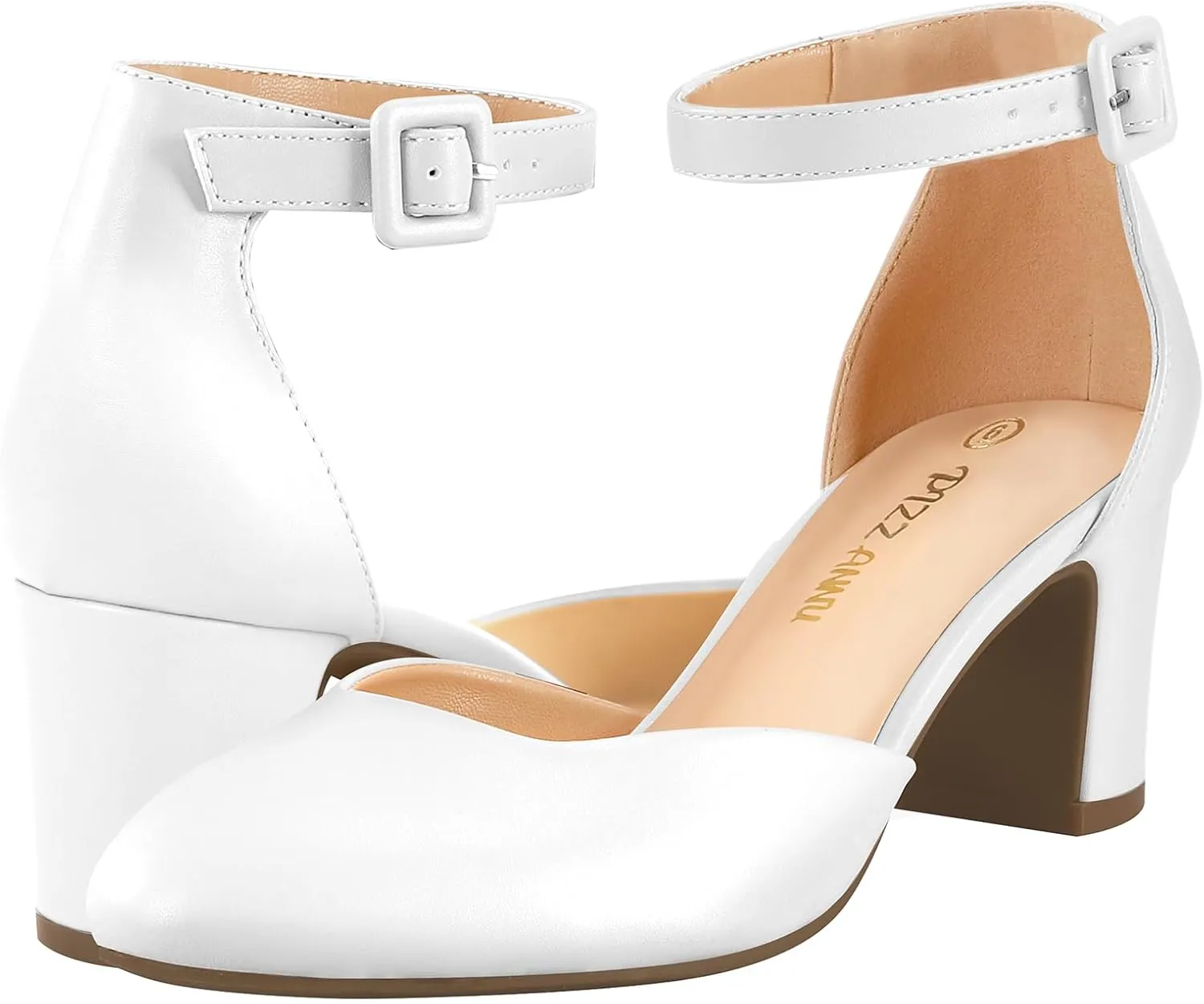 PIZZ ANNU Women's Gilaa Closed Toe Low Chunky Heels Pumps Ankle Strap Wedding Business Round Toe Block Dress Shoes