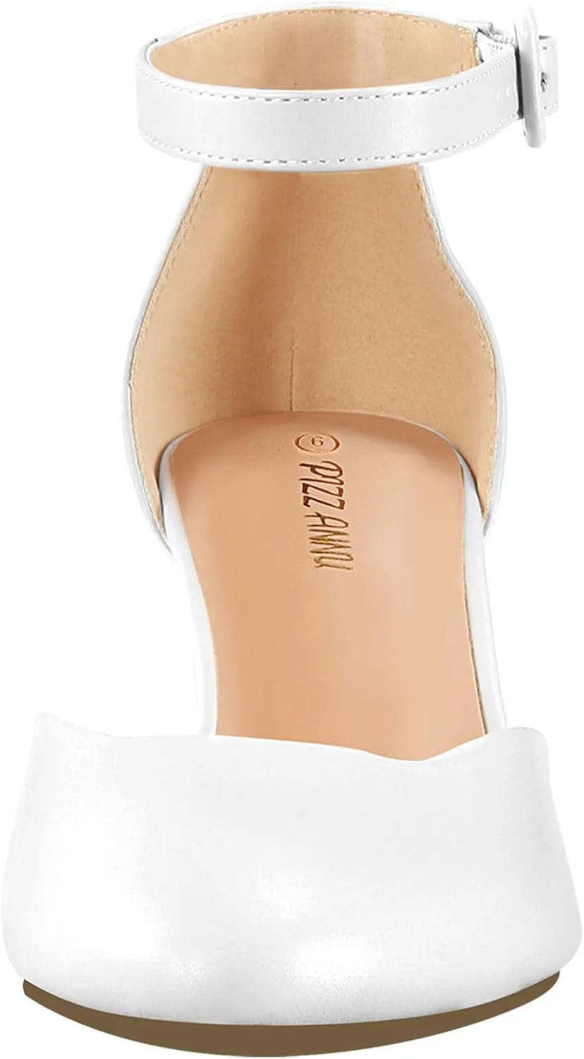 PIZZ ANNU Women's Gilaa Closed Toe Low Chunky Heels Pumps Ankle Strap Wedding Business Round Toe Block Dress Shoes
