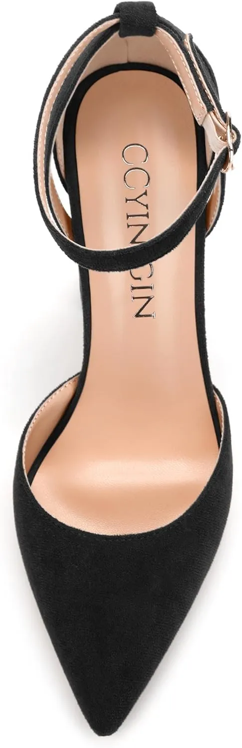 Pointed Toe Pumps - Fashion Ankle Strap Closed Toe Heels, Chunky Heels for Women