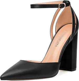 Pointed Toe Pumps - Fashion Ankle Strap Closed Toe Heels, Chunky Heels for Women