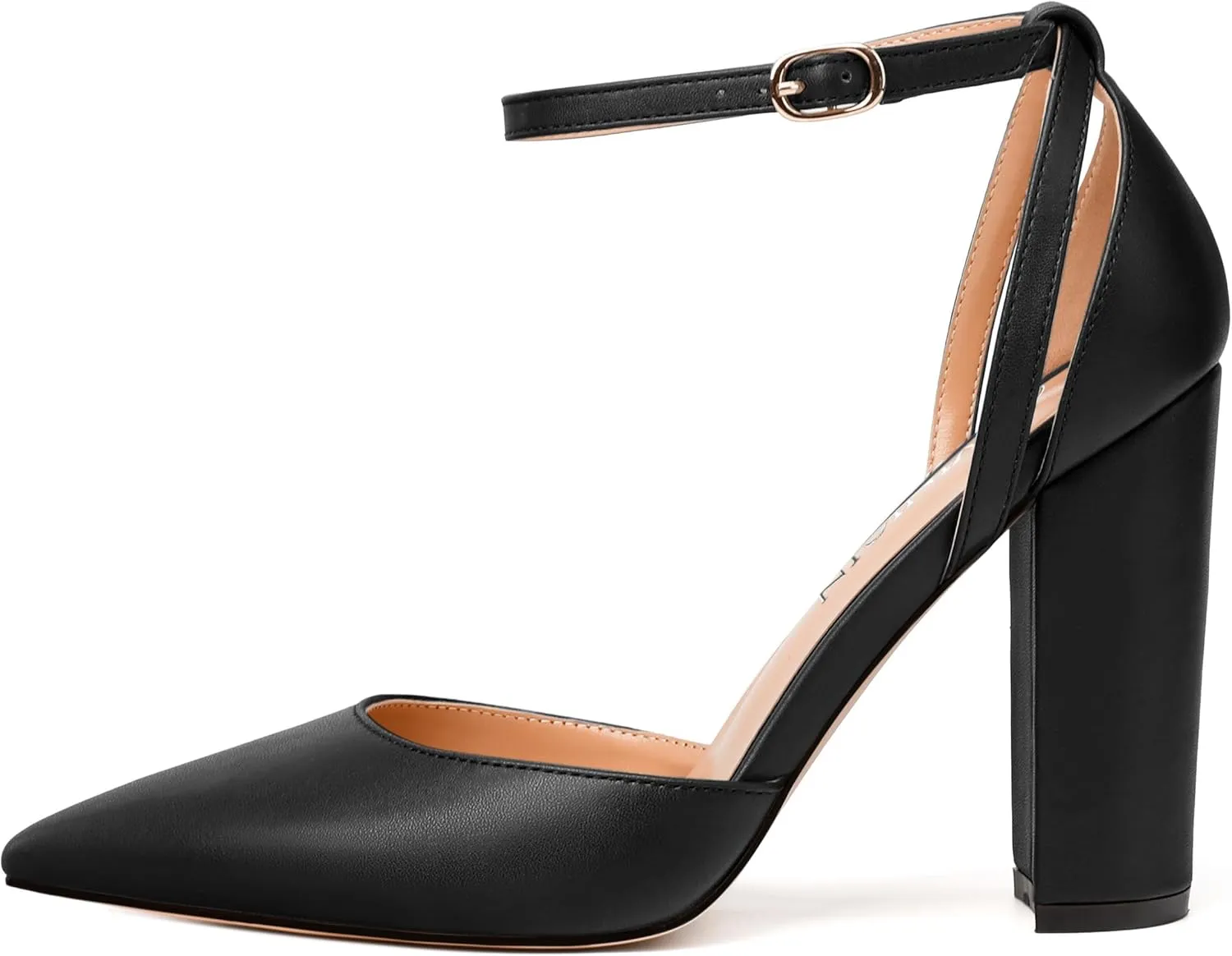 Pointed Toe Pumps - Fashion Ankle Strap Closed Toe Heels, Chunky Heels for Women