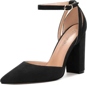 Pointed Toe Pumps - Fashion Ankle Strap Closed Toe Heels, Chunky Heels for Women