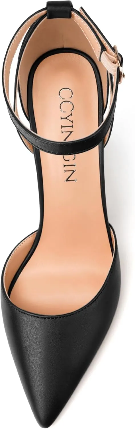 Pointed Toe Pumps - Fashion Ankle Strap Closed Toe Heels, Chunky Heels for Women