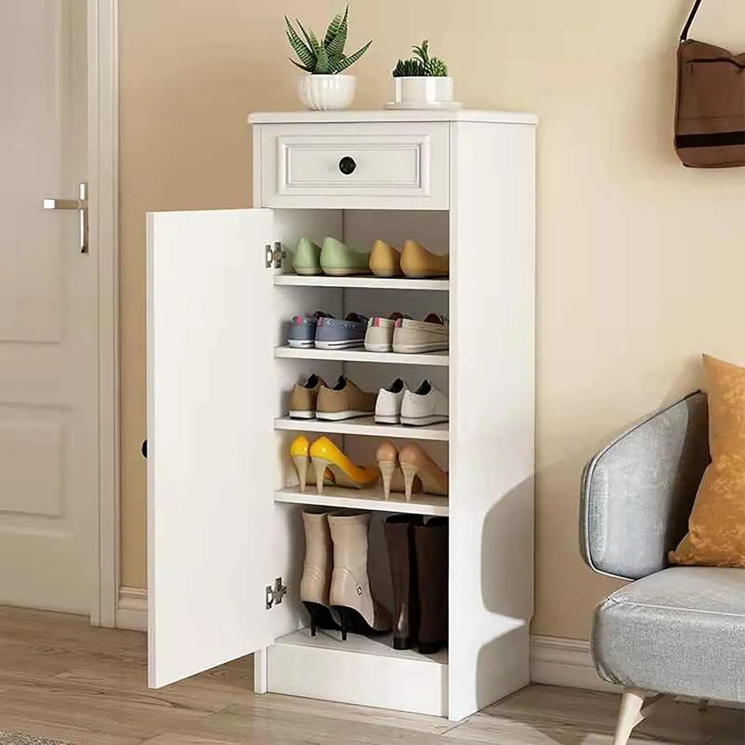 Portable Shoe Storage Cabinet Vertical Shoe Rack, Freestanding Wooden Shoe Organizer with Adjustable Shelves & Drawers, for Heels Boots Slippers(40cm/15.7in)