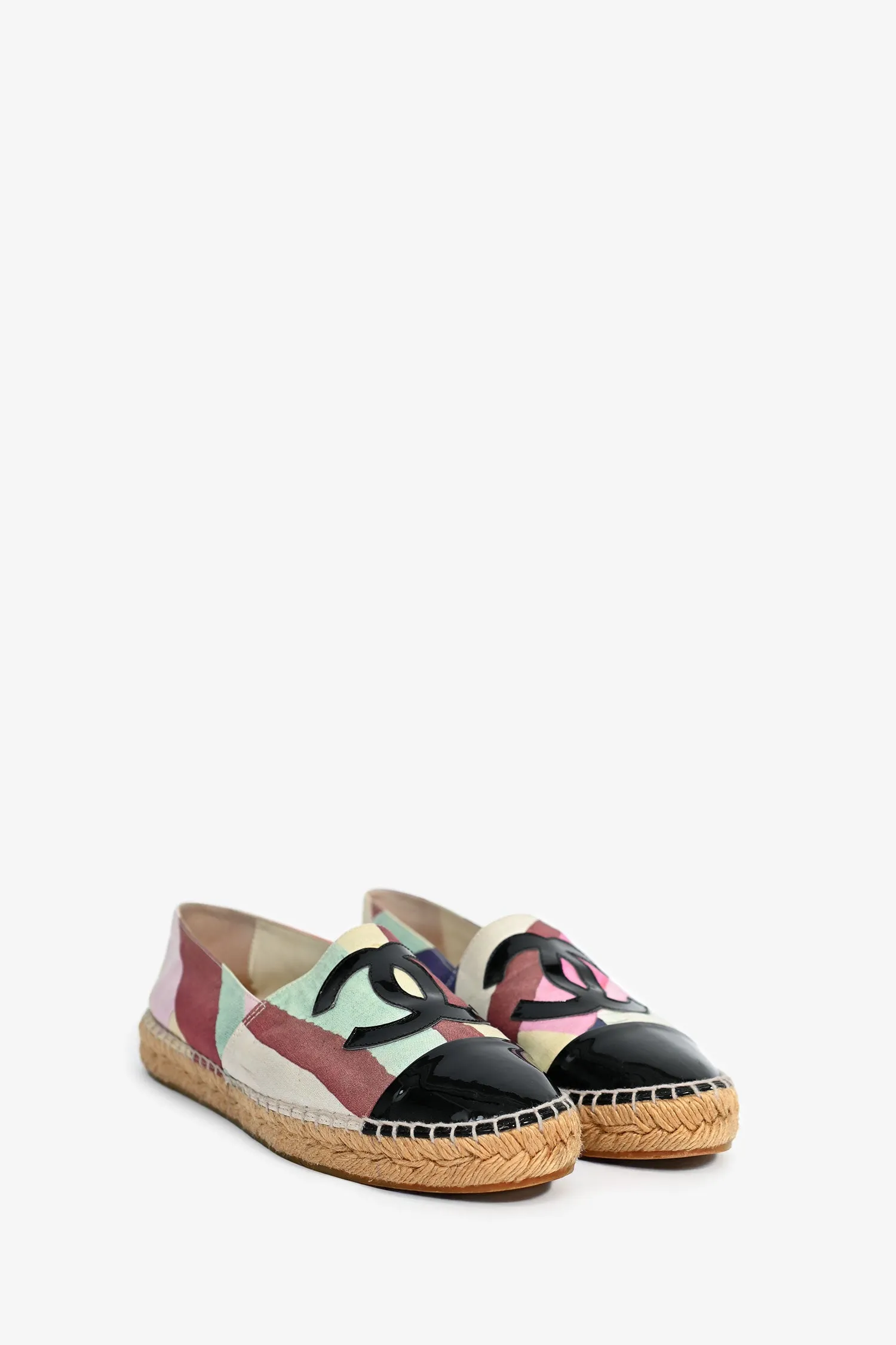 Pre-Loved Chanel™ Multicolour Canvas/Black Patent CC Espadrilles Size 38
