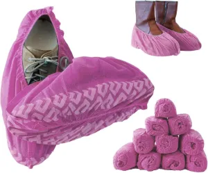 Premium Disposable Boot & Shoe Covers Booties | 100 Pack | Durable, Non-Slip, Non-Toxic, Water Resistant, Recyclable Protectors for Indoor & Outdoor | Large Size Fits Most Shoes (Pink)