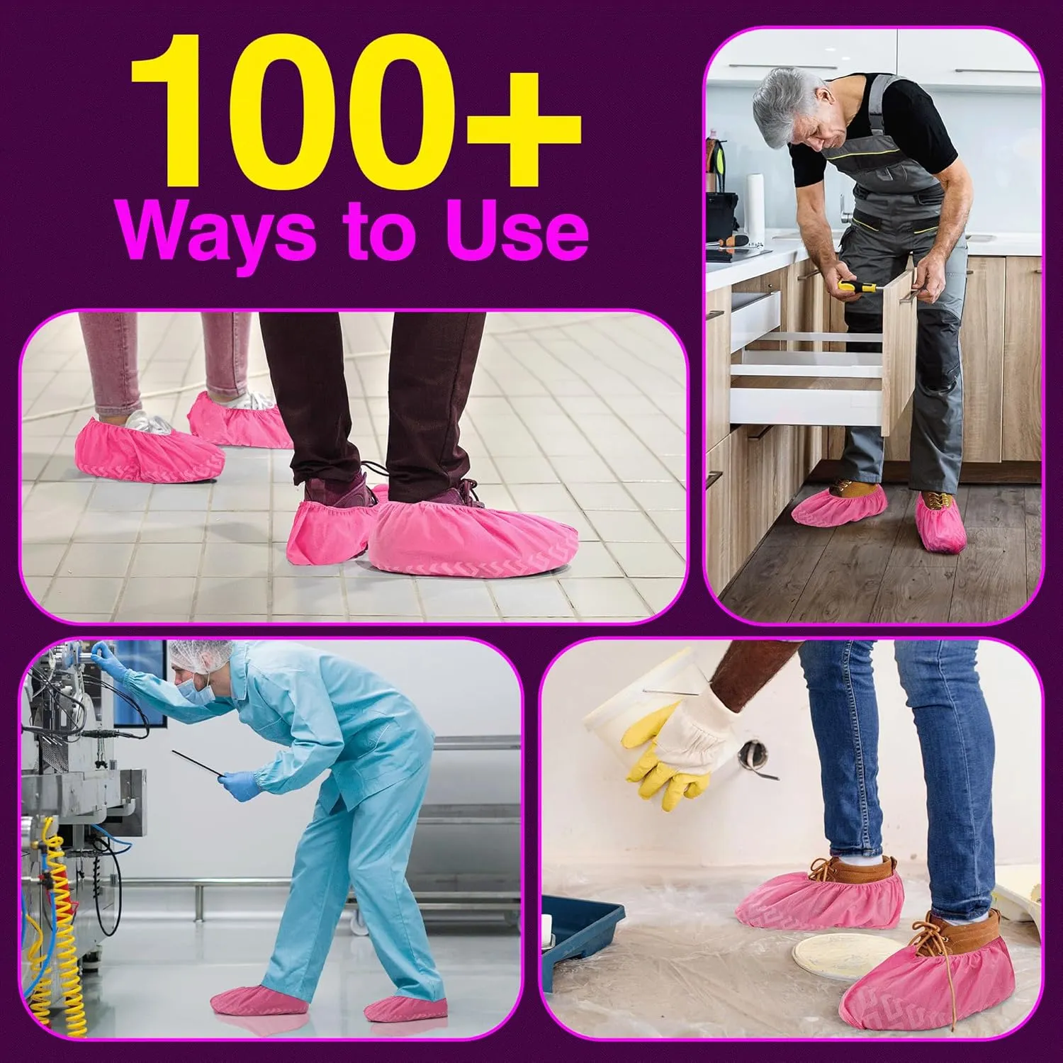 Premium Disposable Boot & Shoe Covers Booties | 100 Pack | Durable, Non-Slip, Non-Toxic, Water Resistant, Recyclable Protectors for Indoor & Outdoor | Large Size Fits Most Shoes (Pink)