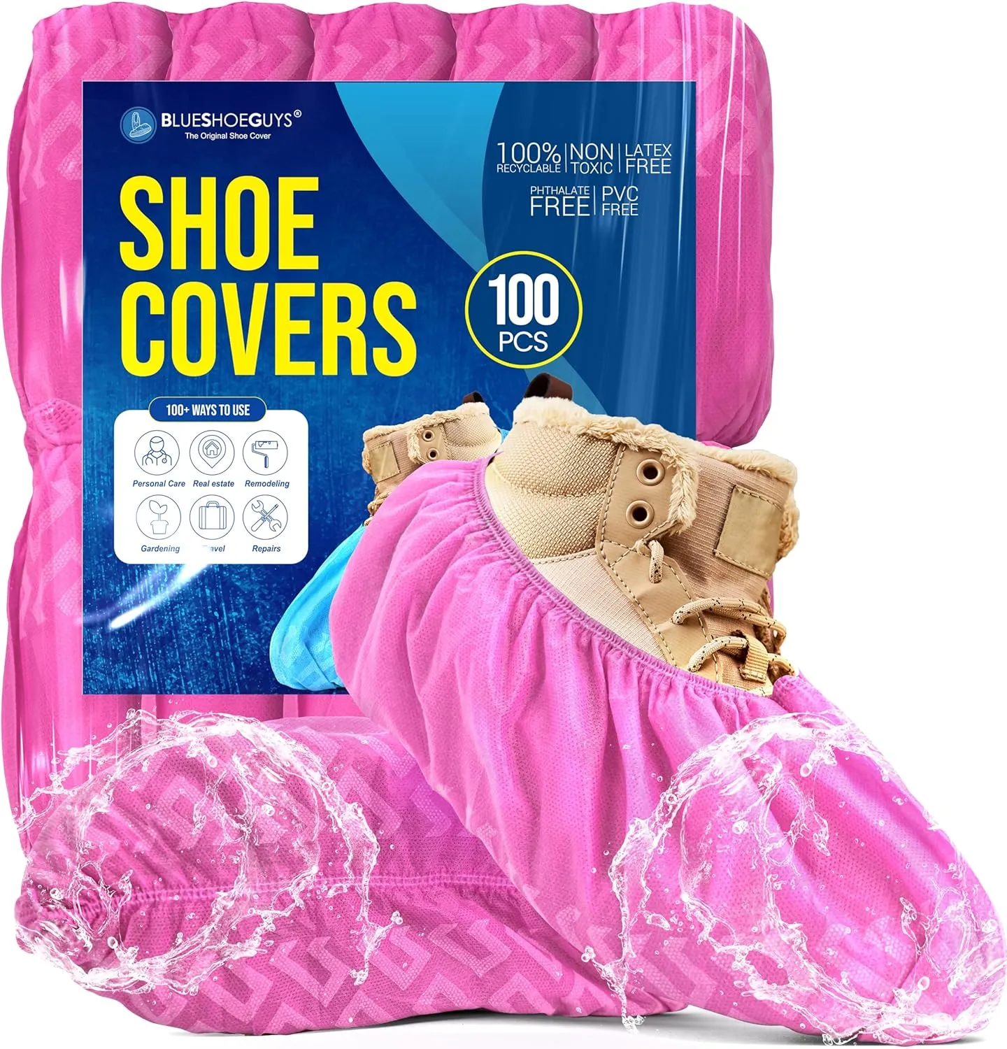 Premium Disposable Boot & Shoe Covers Booties | 100 Pack | Durable, Non-Slip, Non-Toxic, Water Resistant, Recyclable Protectors for Indoor & Outdoor | Large Size Fits Most Shoes (Pink)