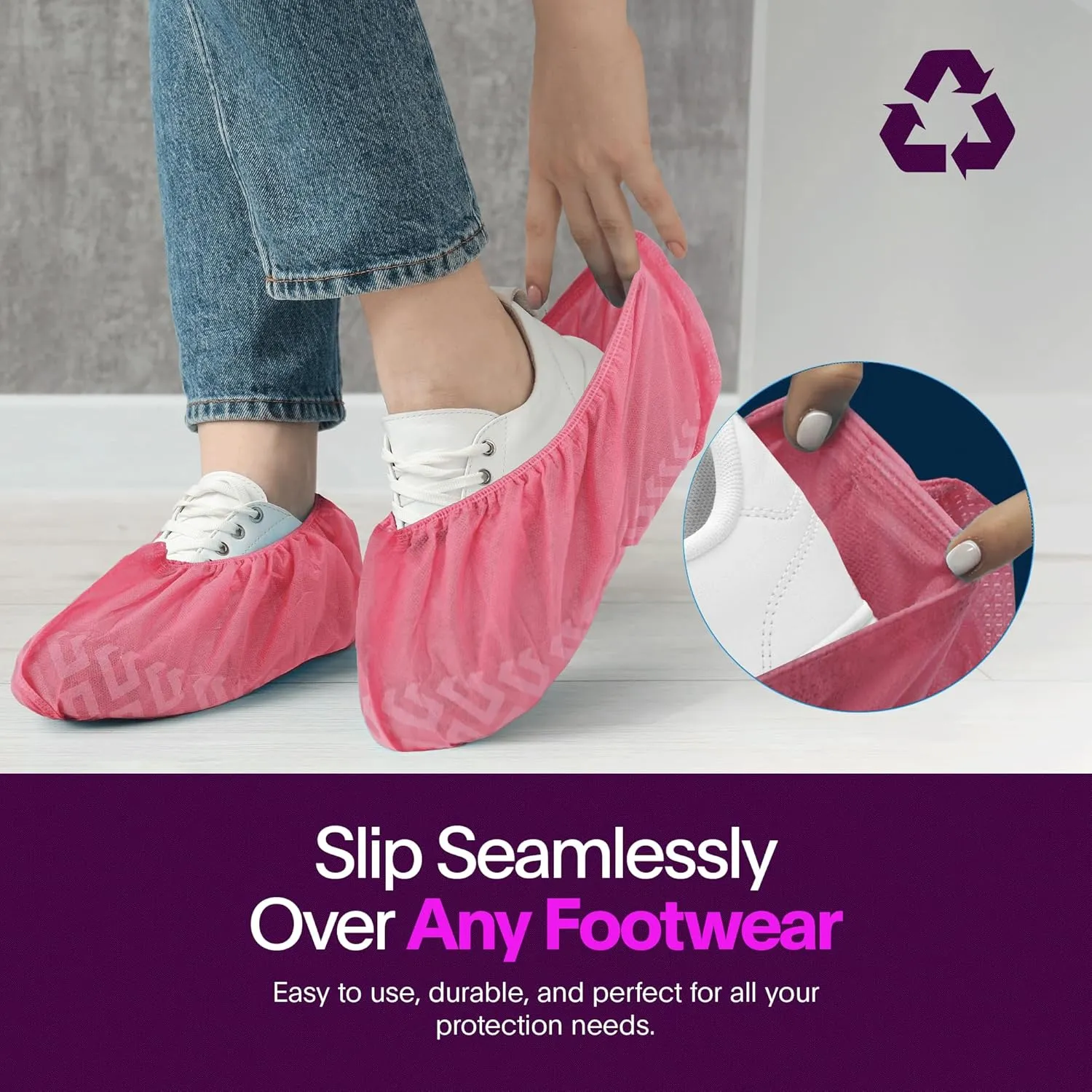 Premium Disposable Boot & Shoe Covers Booties | 100 Pack | Durable, Non-Slip, Non-Toxic, Water Resistant, Recyclable Protectors for Indoor & Outdoor | Large Size Fits Most Shoes (Pink)