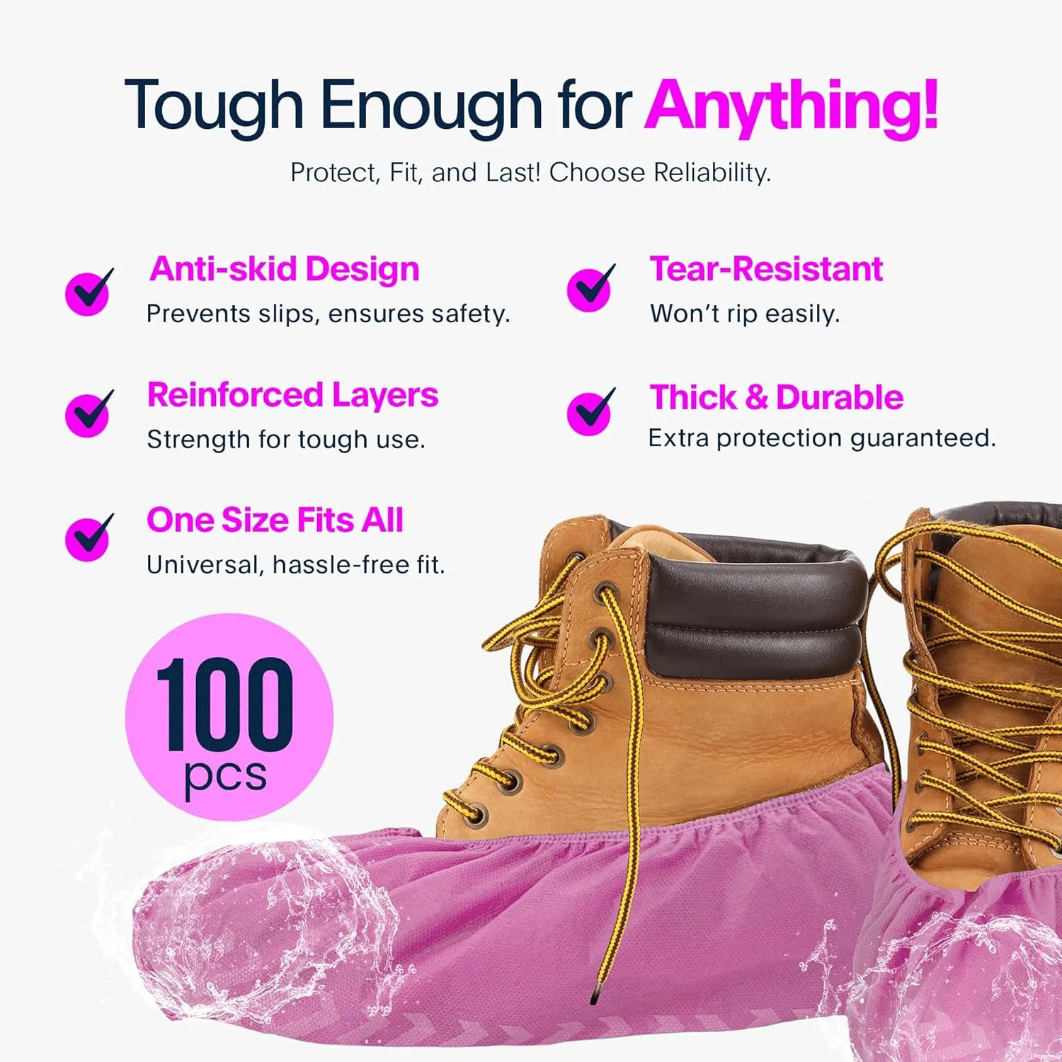 Premium Disposable Boot & Shoe Covers Booties | 100 Pack | Durable, Non-Slip, Non-Toxic, Water Resistant, Recyclable Protectors for Indoor & Outdoor | Large Size Fits Most Shoes (Pink)