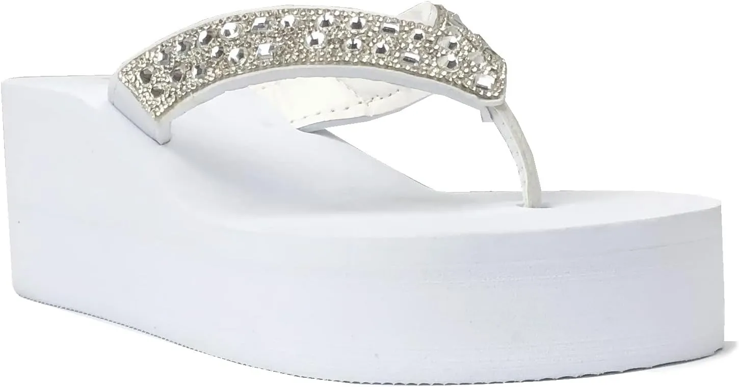 REDVOLUTION New Women's Rhinestone Sandals High | Low Platform T-Strap Jewel Sandals High Wedge Flip Flops