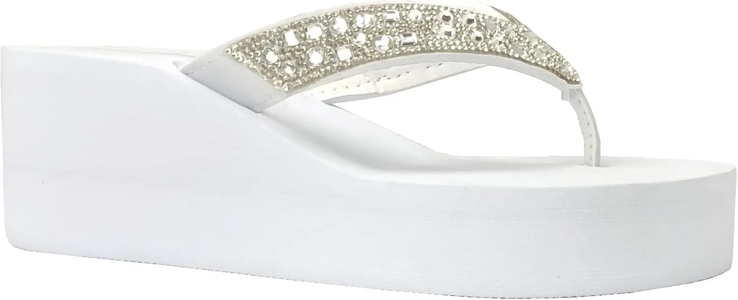 REDVOLUTION New Women's Rhinestone Sandals High | Low Platform T-Strap Jewel Sandals High Wedge Flip Flops