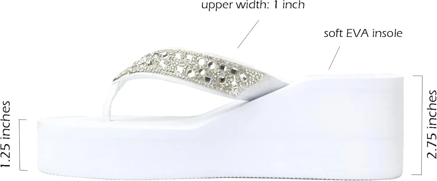 REDVOLUTION New Women's Rhinestone Sandals High | Low Platform T-Strap Jewel Sandals High Wedge Flip Flops