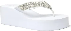 REDVOLUTION New Women's Rhinestone Sandals High | Low Platform T-Strap Jewel Sandals High Wedge Flip Flops