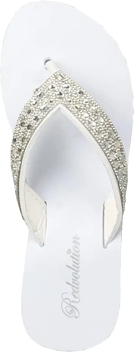 REDVOLUTION New Women's Rhinestone Sandals High | Low Platform T-Strap Jewel Sandals High Wedge Flip Flops