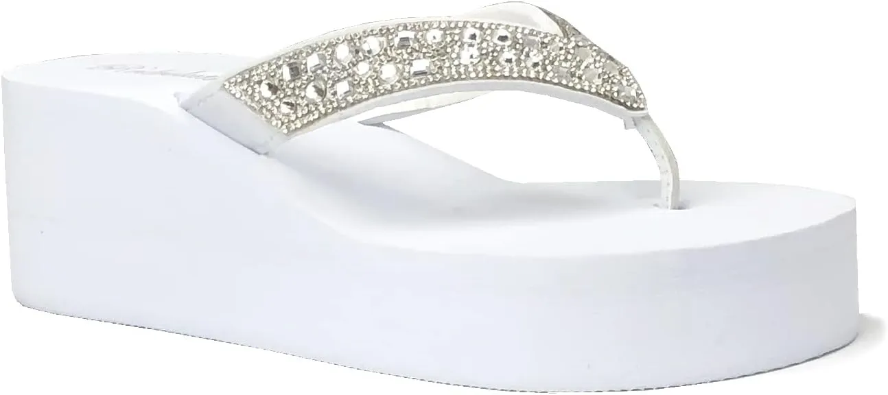 REDVOLUTION New Women's Rhinestone Sandals High | Low Platform T-Strap Jewel Sandals High Wedge Flip Flops