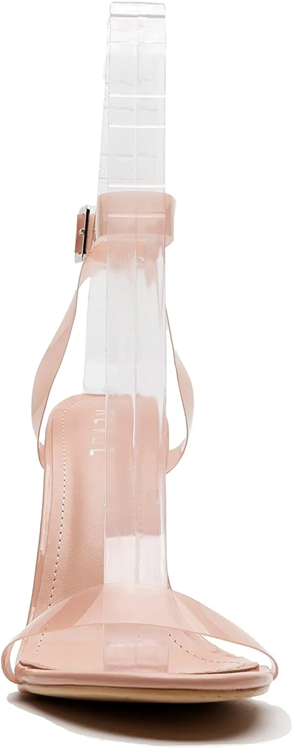 REVOL Maria-2 Clear Chunky Block High Heels for Women, Transparent Strappy Open Toe Shoes Heels for Women