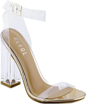 REVOL Maria-2 Clear Chunky Block High Heels for Women, Transparent Strappy Open Toe Shoes Heels for Women